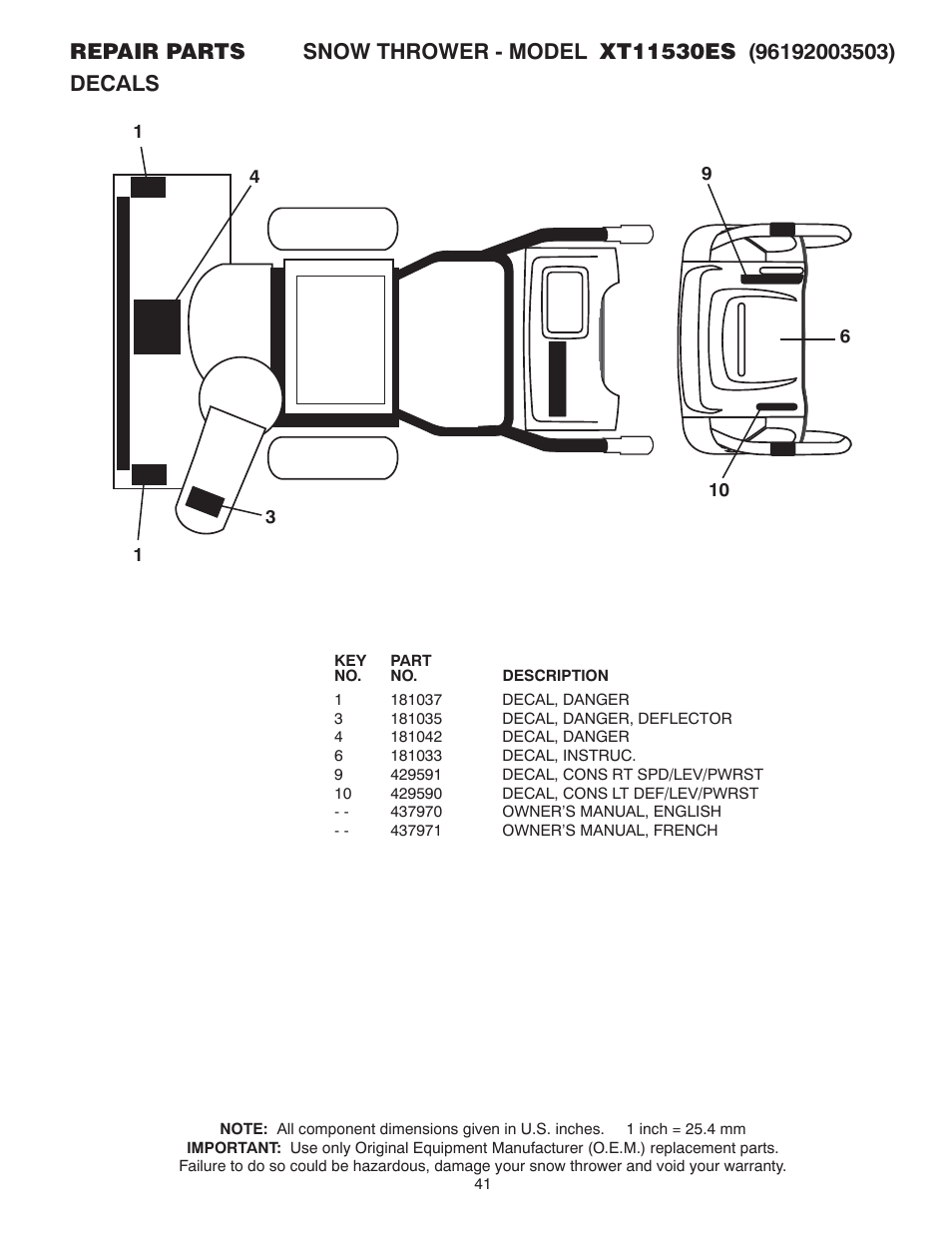 Decals | Poulan XT 96192003503 User Manual | Page 41 / 44