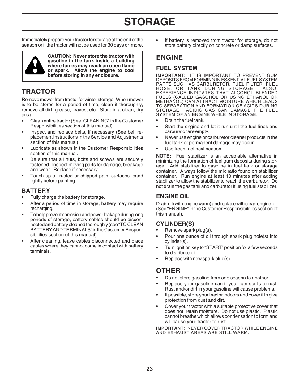 Storage, Tractor, Engine | Other | Poulan 181223 User Manual | Page 23 / 48