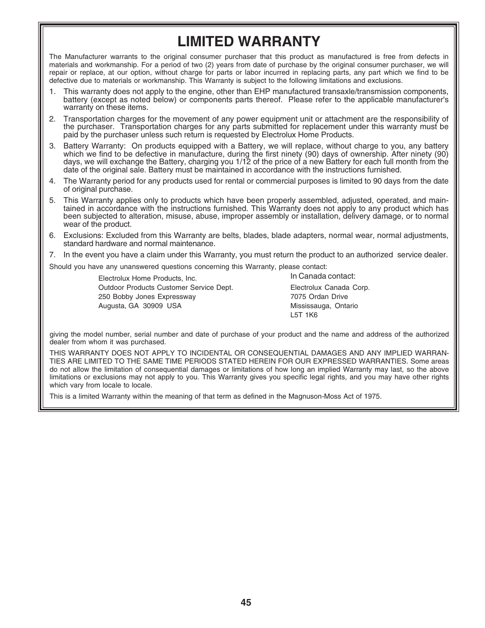 Limited warranty | Poulan 181223 User Manual | Page 45 / 48