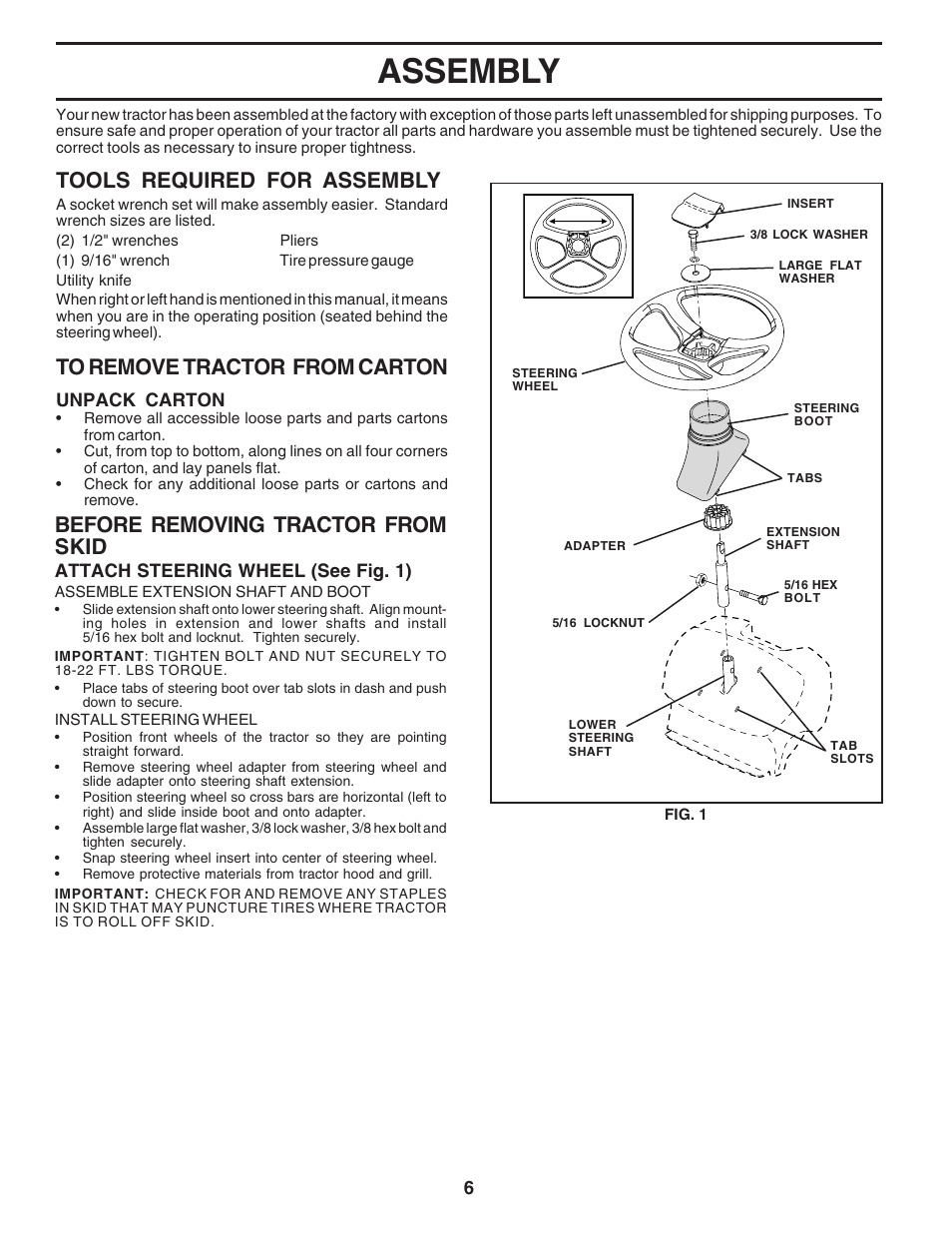 Assembly, Tools required for assembly, Before removing tractor from skid | Poulan 181223 User Manual | Page 6 / 48