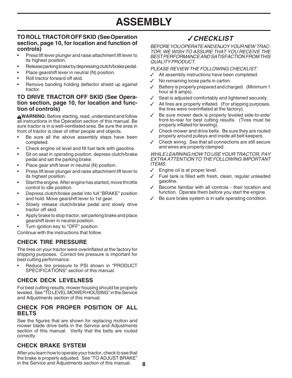 Assembly, Checklist | Poulan 181223 User Manual | Page 8 / 48