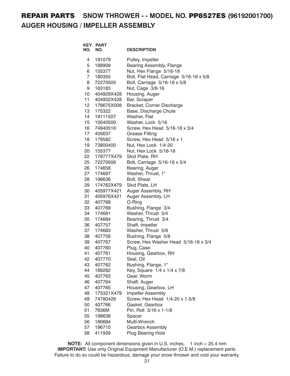 Poulan Pro PP8527ES SNOW THROWER User Manual | Page 21 / 32
