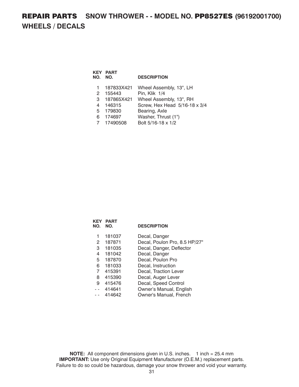 Poulan Pro PP8527ES SNOW THROWER User Manual | Page 31 / 32