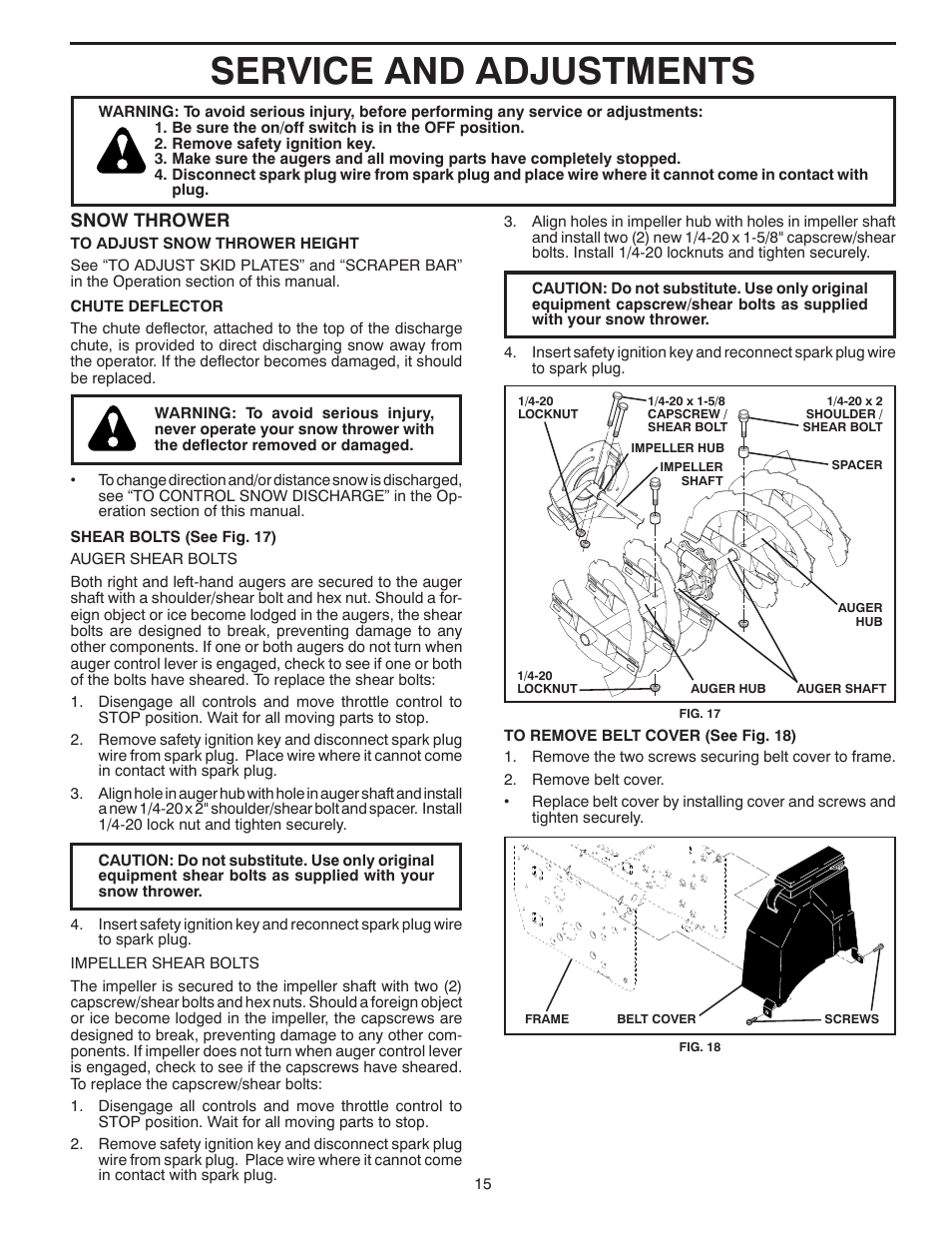 Service and adjustments, Snow thrower | Poulan 96194000503 User Manual | Page 15 / 56