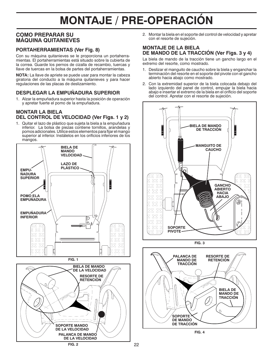 Montaje / pre-operación, Como preparar su máquina quitanieves, Portaherramientas (ver fig. 8) | Desplegar la empuñadura superior | Poulan 96194000503 User Manual | Page 22 / 56