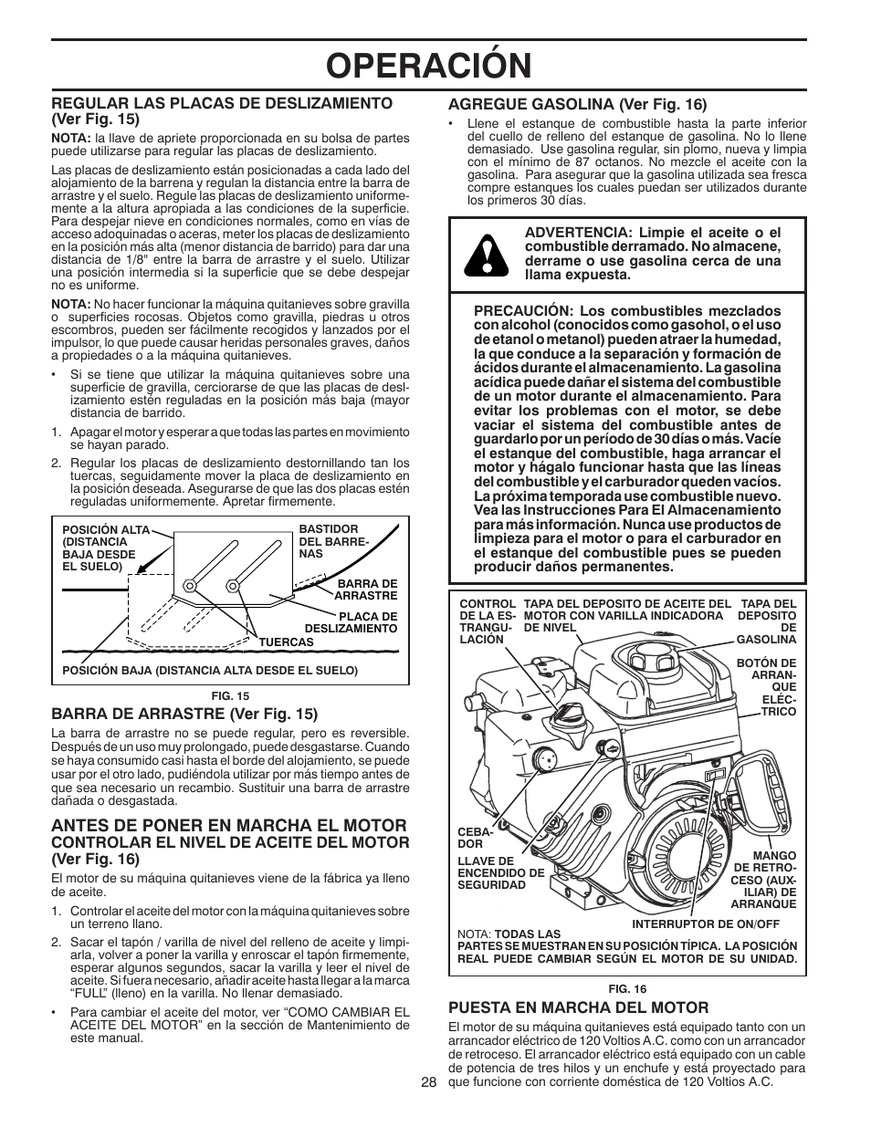 Operación, Antes de poner en marcha el motor | Poulan 96194000503 User Manual | Page 28 / 56