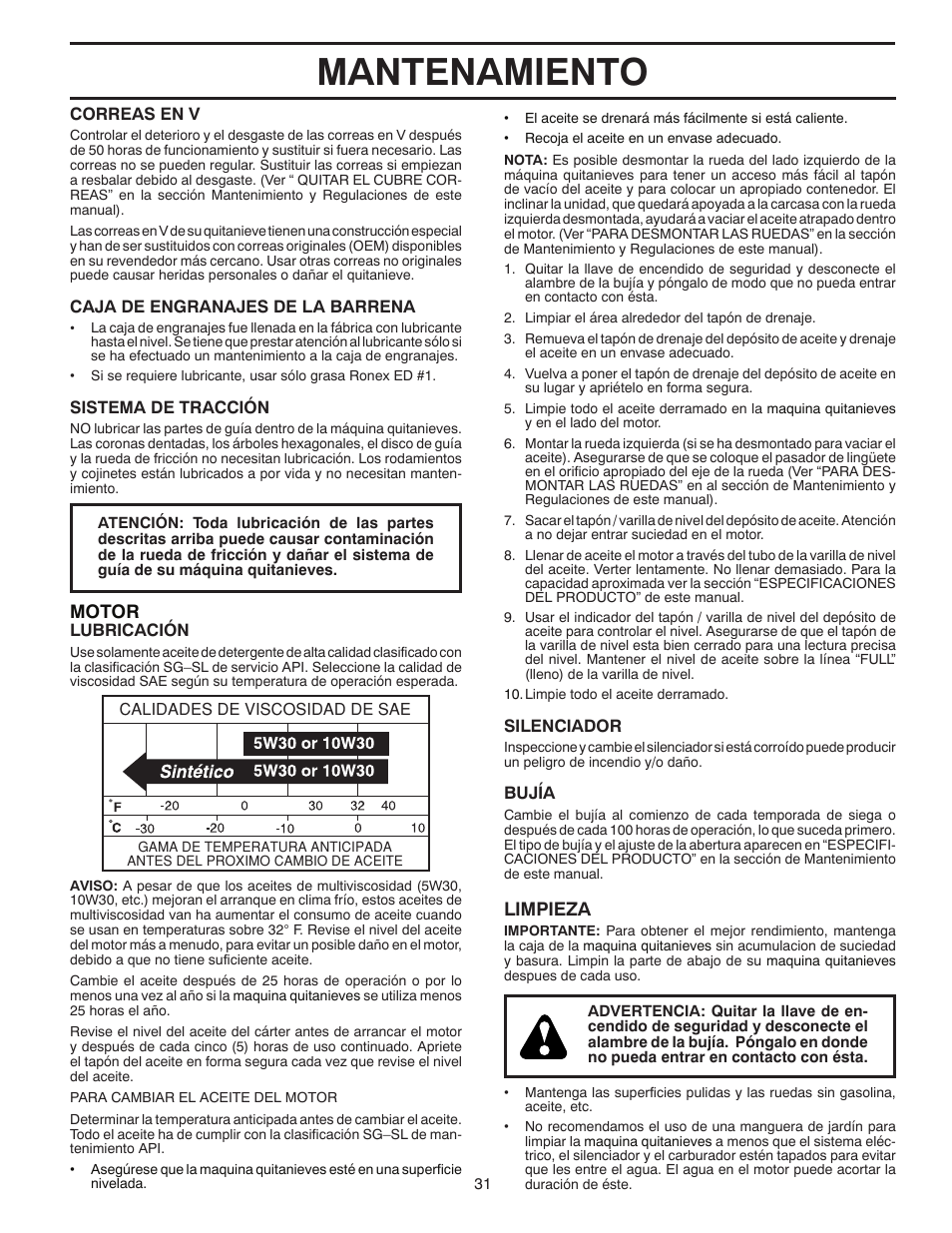 Mantenamiento, Motor, Limpieza | Poulan 96194000503 User Manual | Page 31 / 56