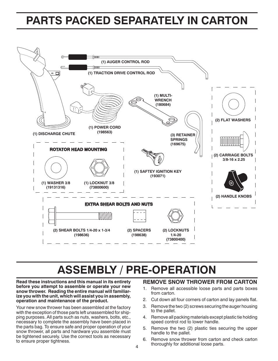 Remove snow thrower from car ton | Poulan 96194000503 User Manual | Page 4 / 56