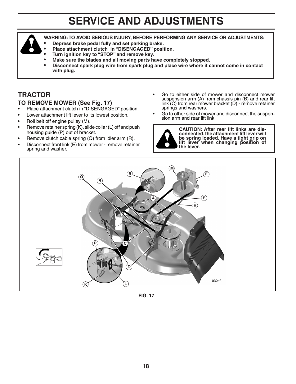 Service and adjustments, Tractor | Poulan 404164 User Manual | Page 18 / 30