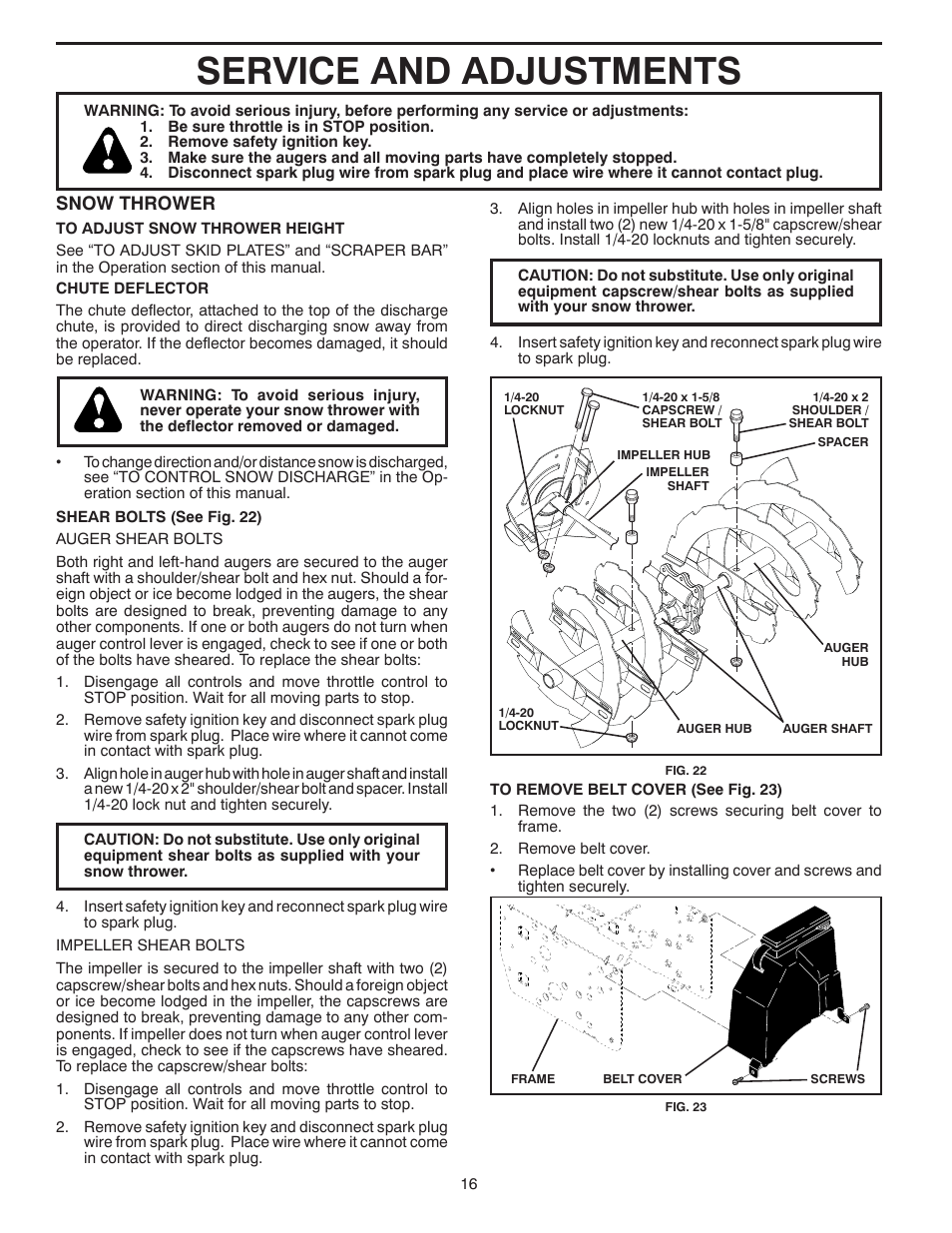 Service and adjustments, Snow thrower | Poulan 421895 User Manual | Page 16 / 40