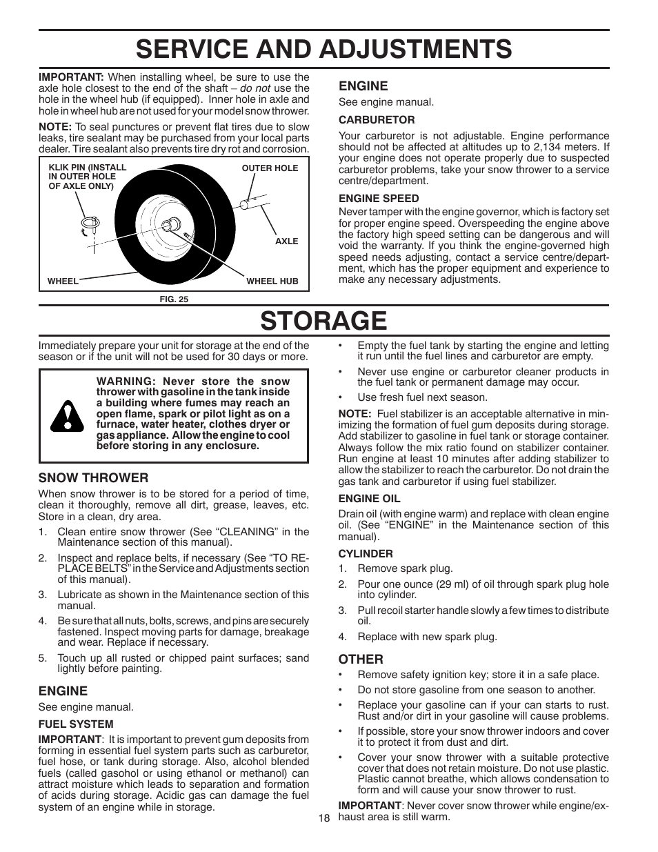Service and adjustments storage | Poulan 421895 User Manual | Page 18 / 40