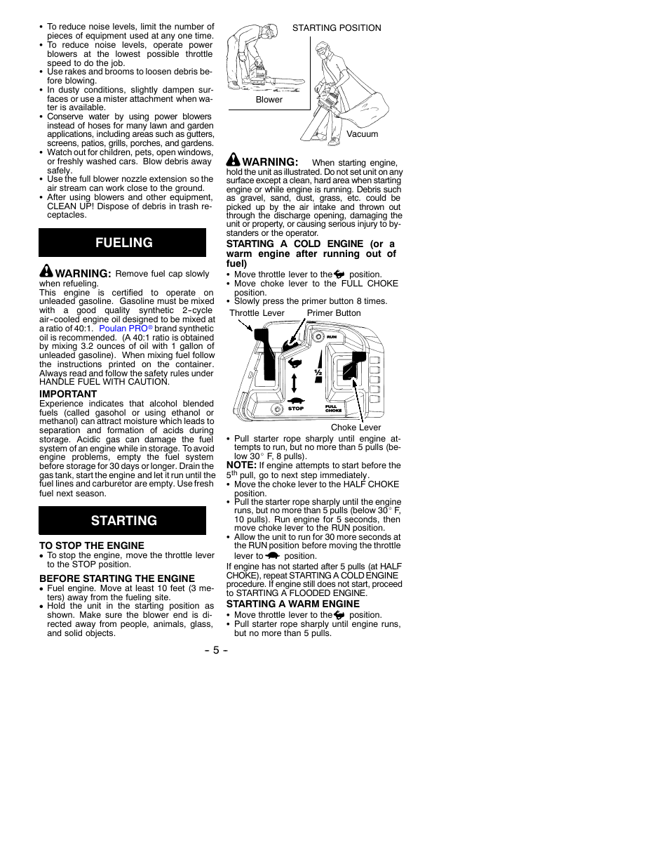 Fueling, Starting | Poulan 530088953 User Manual | Page 5 / 9