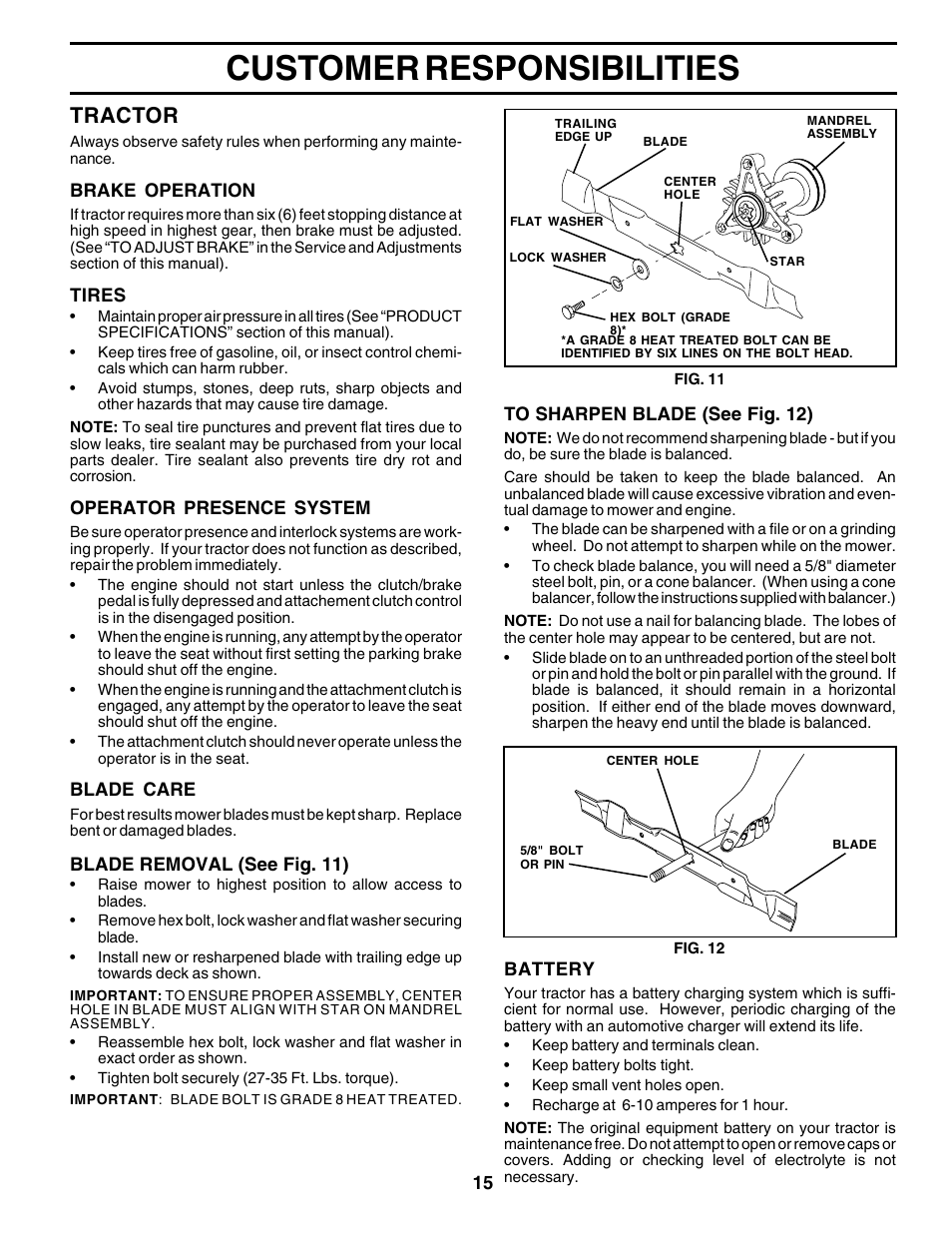 Customer responsibilities, Tractor | Poulan 175581 User Manual | Page 15 / 48