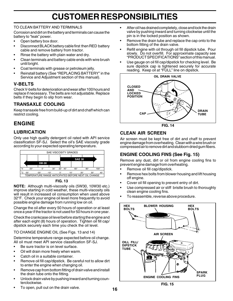 Customer responsibilities, Engine, V-belts | Transaxle cooling, Lubrication, Clean air screen, Engine cooling fins (see fig. 15) | Poulan 175581 User Manual | Page 16 / 48