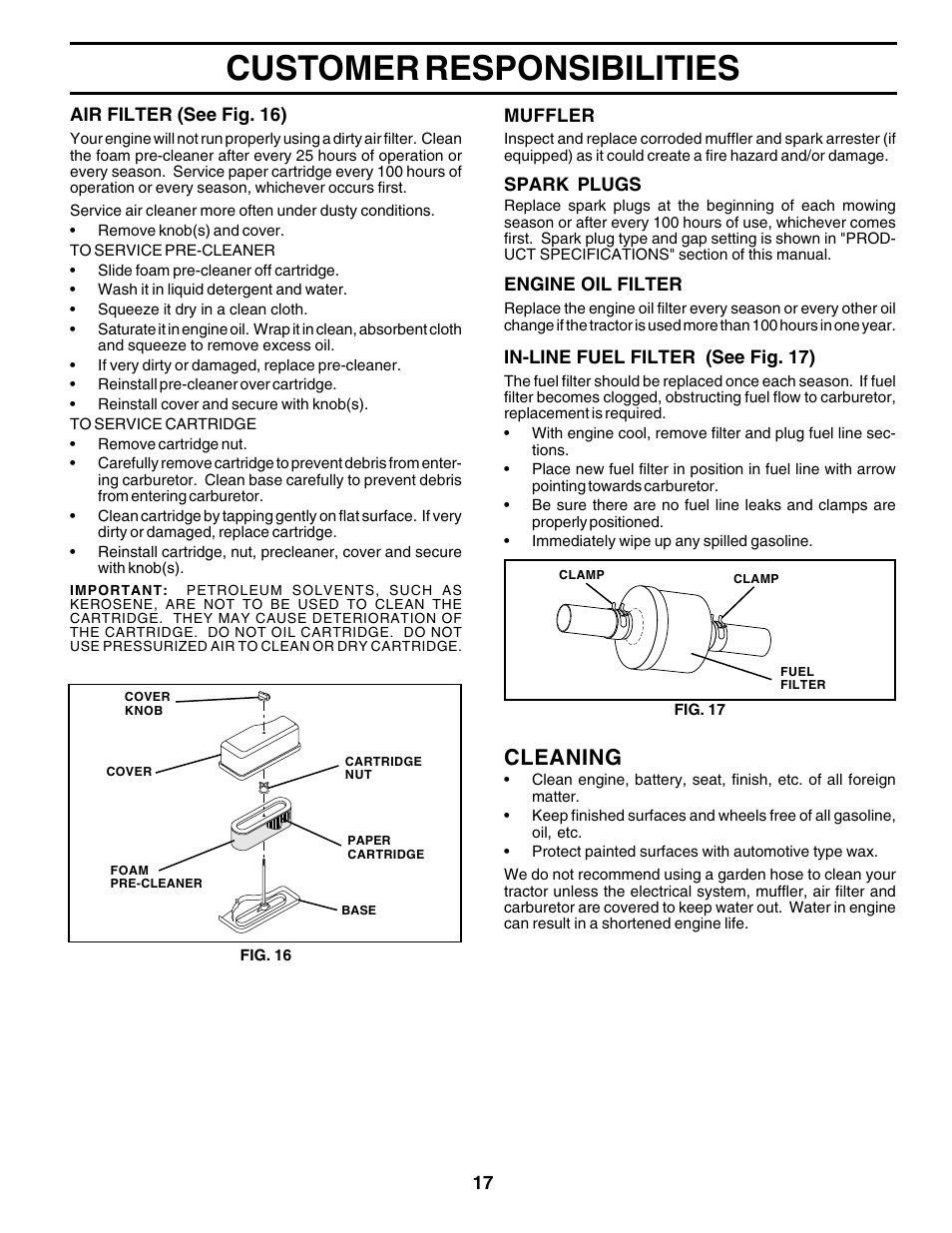 Customer responsibilities, Cleaning | Poulan 175581 User Manual | Page 17 / 48