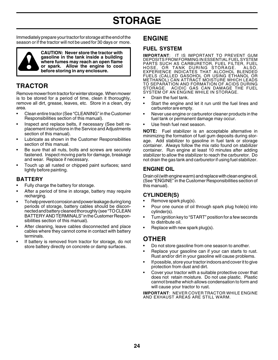 Storage, Tractor, Engine | Other | Poulan 175581 User Manual | Page 24 / 48