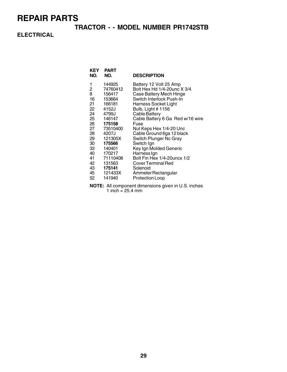 Repair parts, Tractor - - model number pr1742stb | Poulan 175581 User Manual | Page 29 / 48