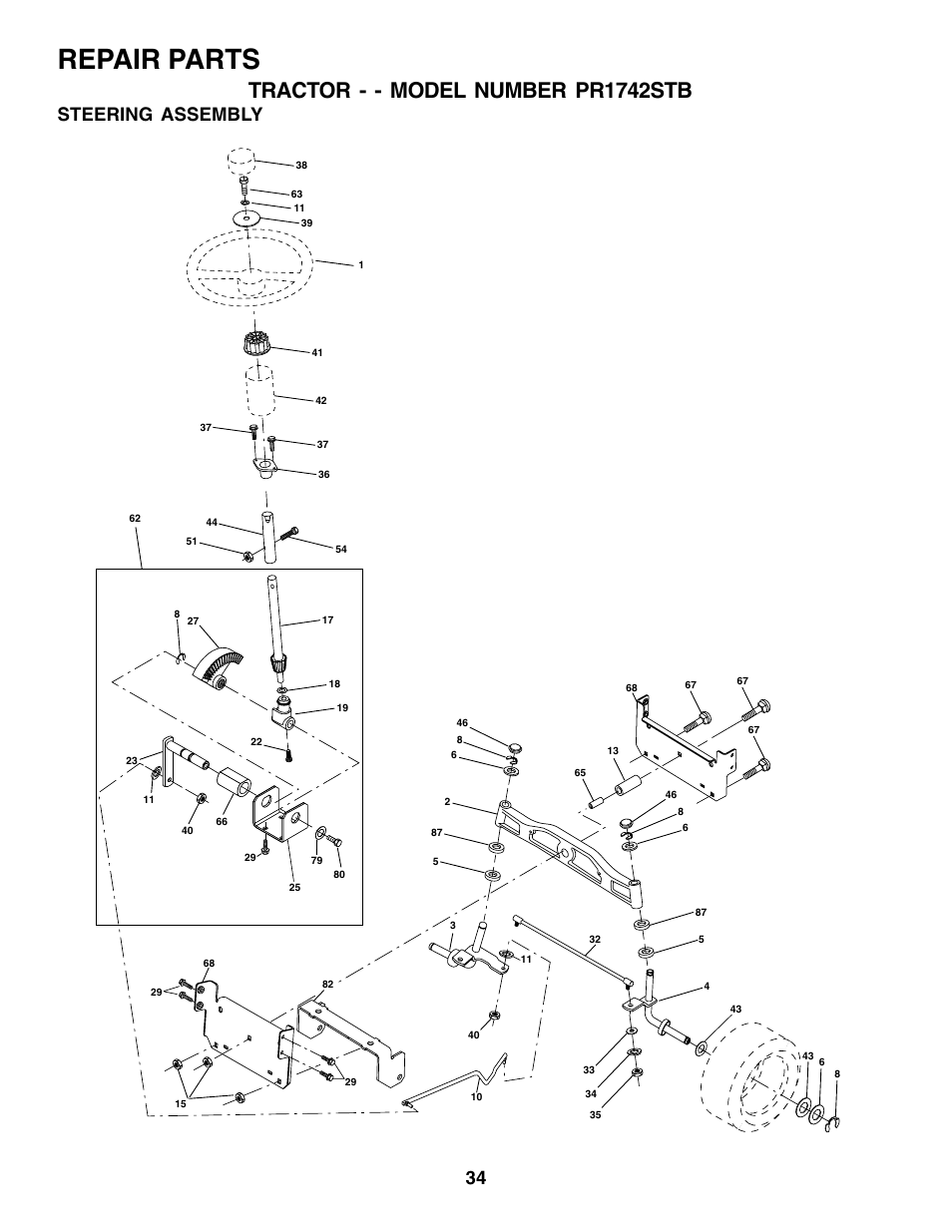 Repair parts, Tractor - - model number pr1742stb, Steering assembly | Poulan 175581 User Manual | Page 34 / 48