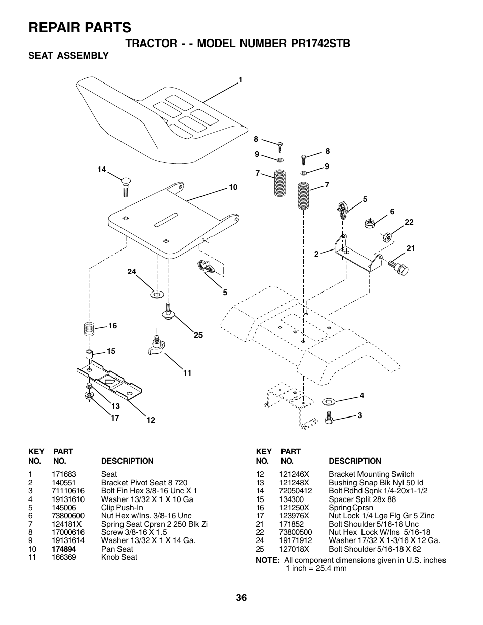 Repair parts, Tractor - - model number pr1742stb | Poulan 175581 User Manual | Page 36 / 48