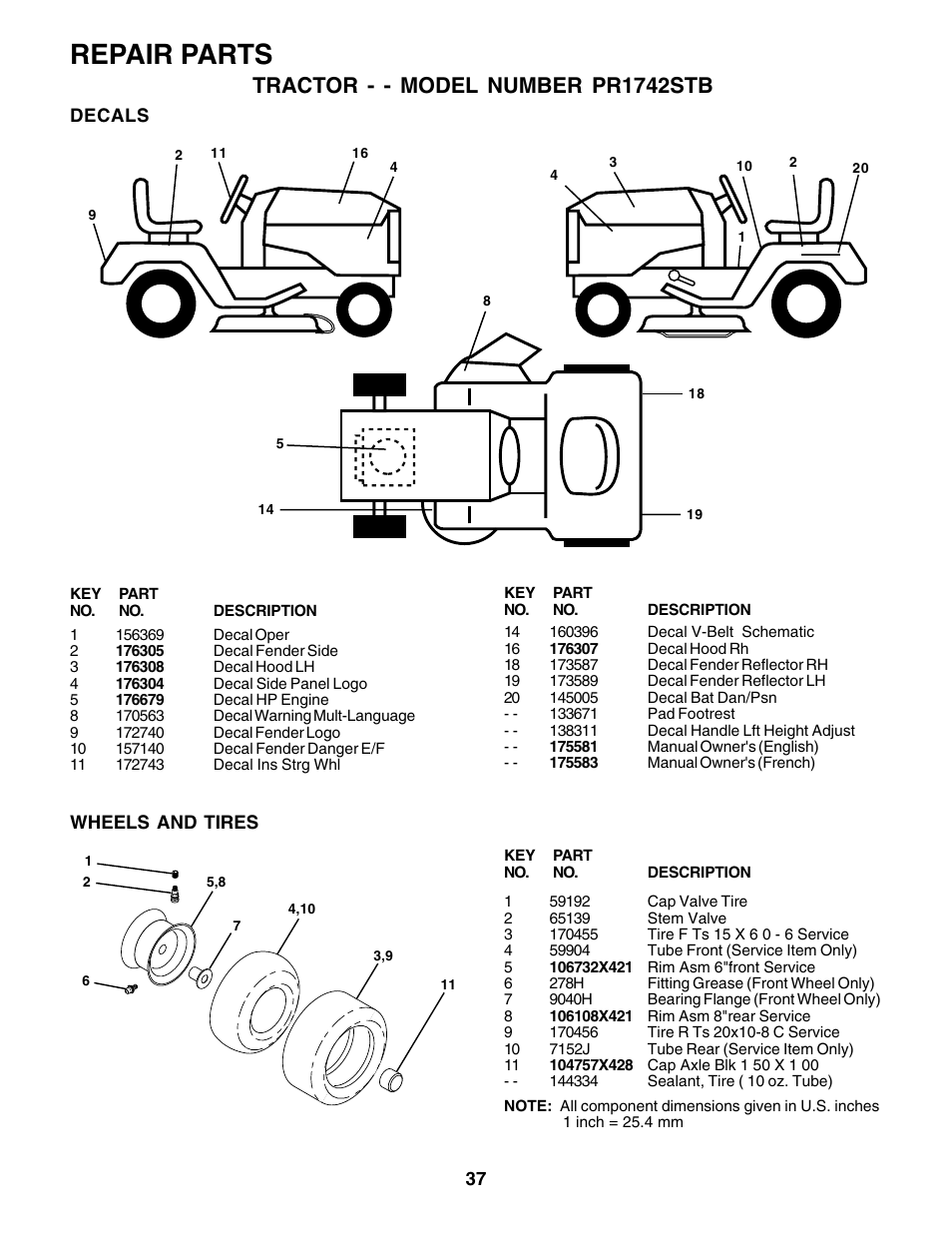 Repair parts, Tractor - - model number pr1742stb | Poulan 175581 User Manual | Page 37 / 48