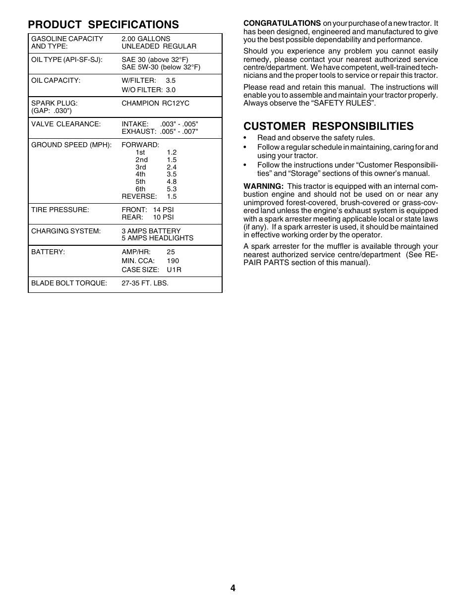 Product specifications, Customer responsibilities | Poulan 175581 User Manual | Page 4 / 48