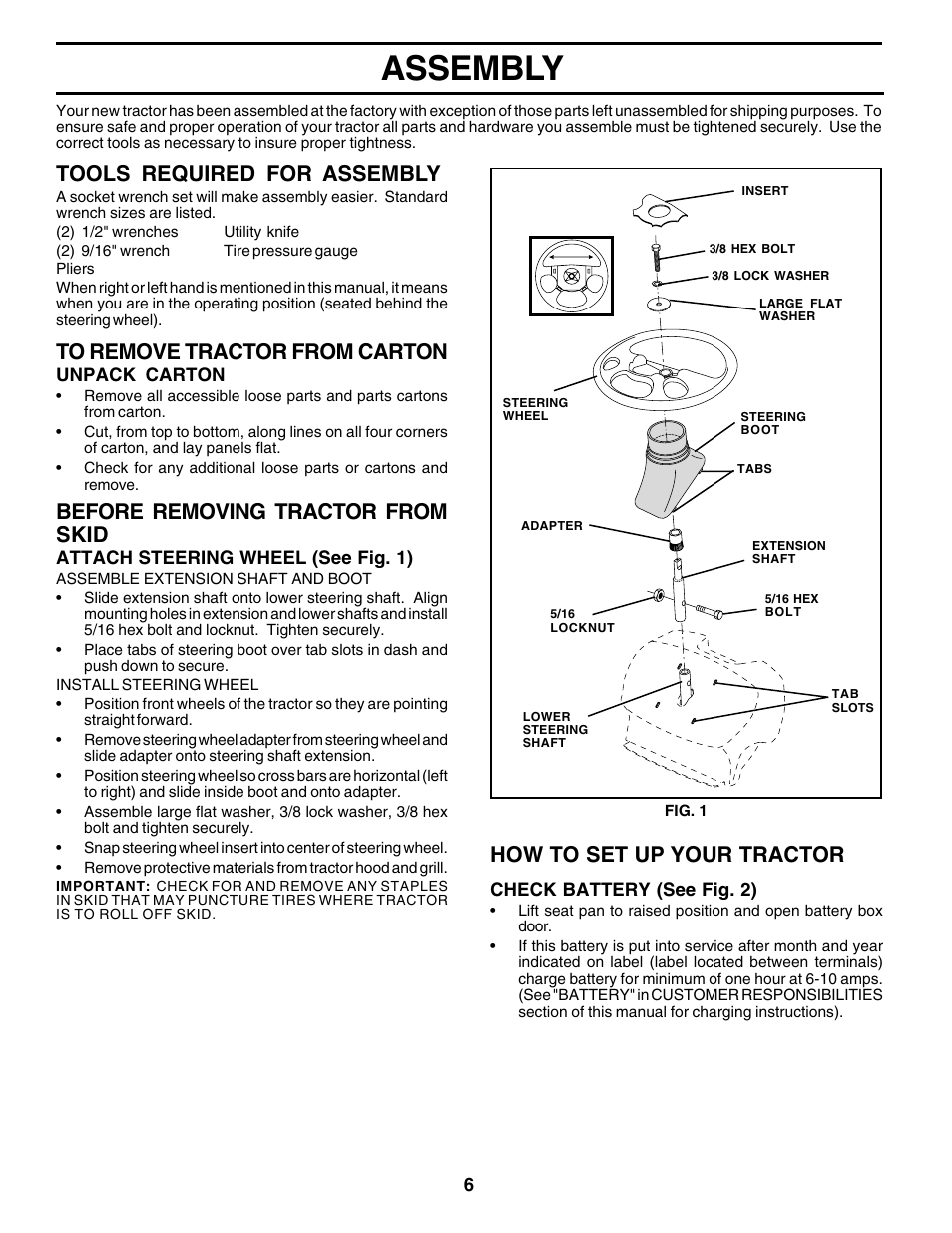 Assembly, Tools required for assembly, Before removing tractor from skid | How to set up your tractor | Poulan 175581 User Manual | Page 6 / 48