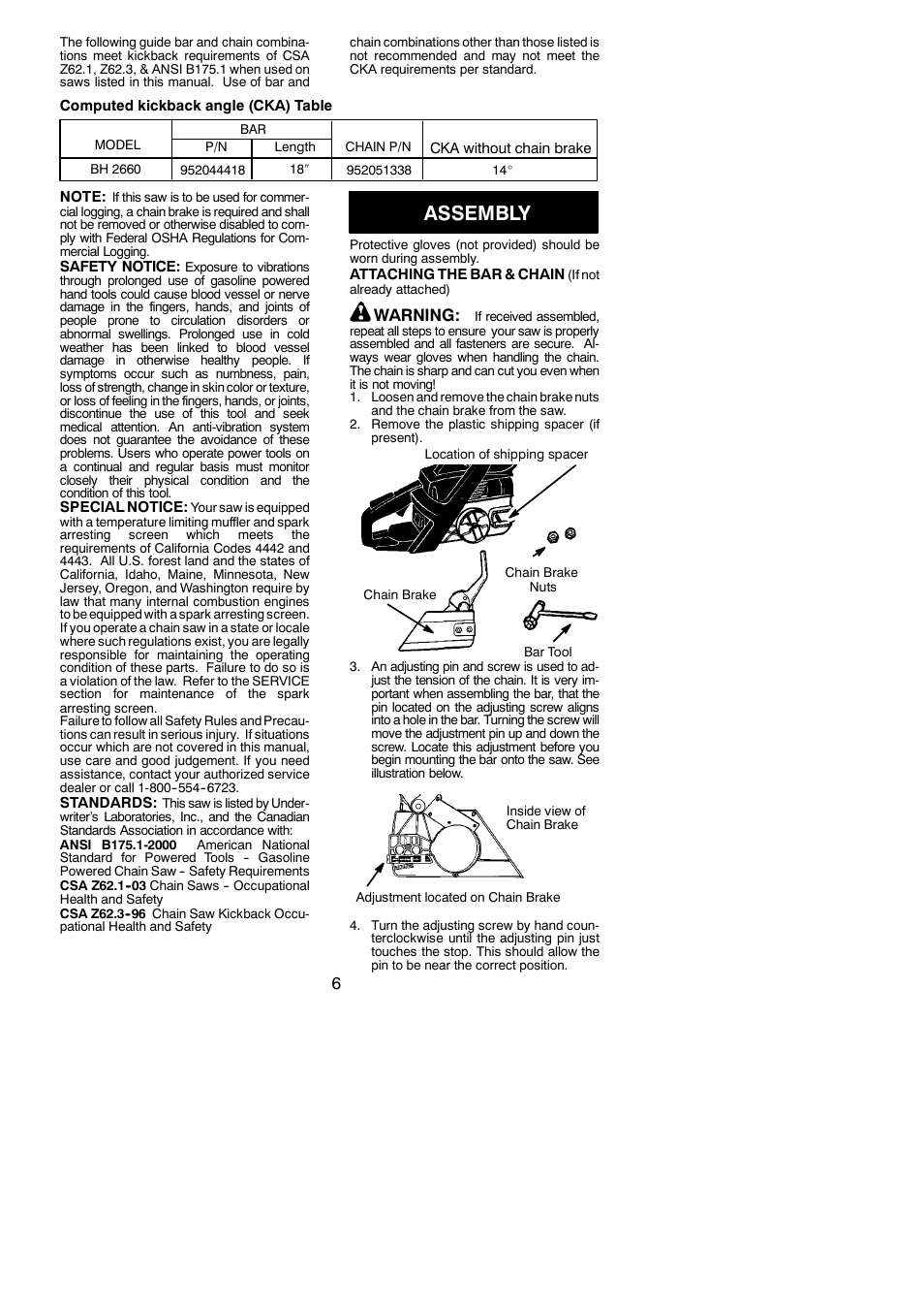 Assembly, Warning | Poulan BH 2660 User Manual | Page 6 / 18