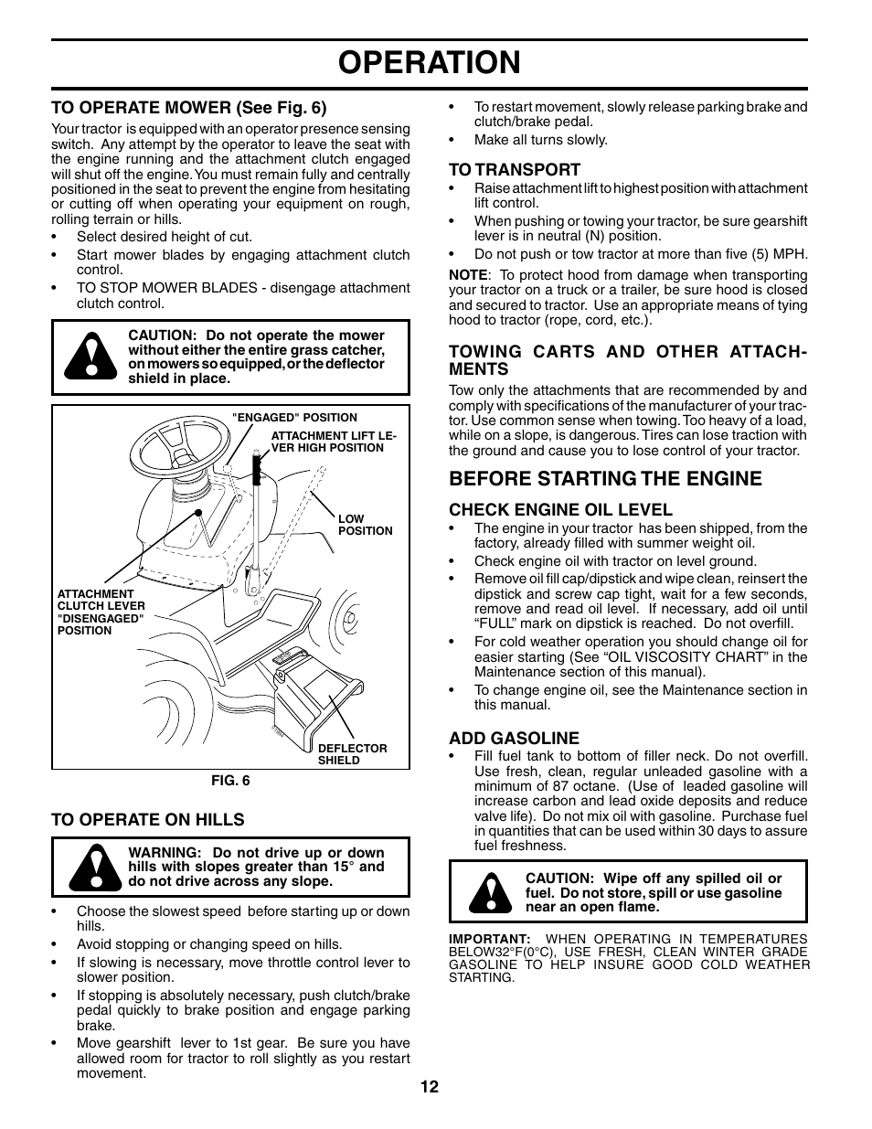 Operation, Before starting the engine | Poulan 190785 User Manual | Page 12 / 44