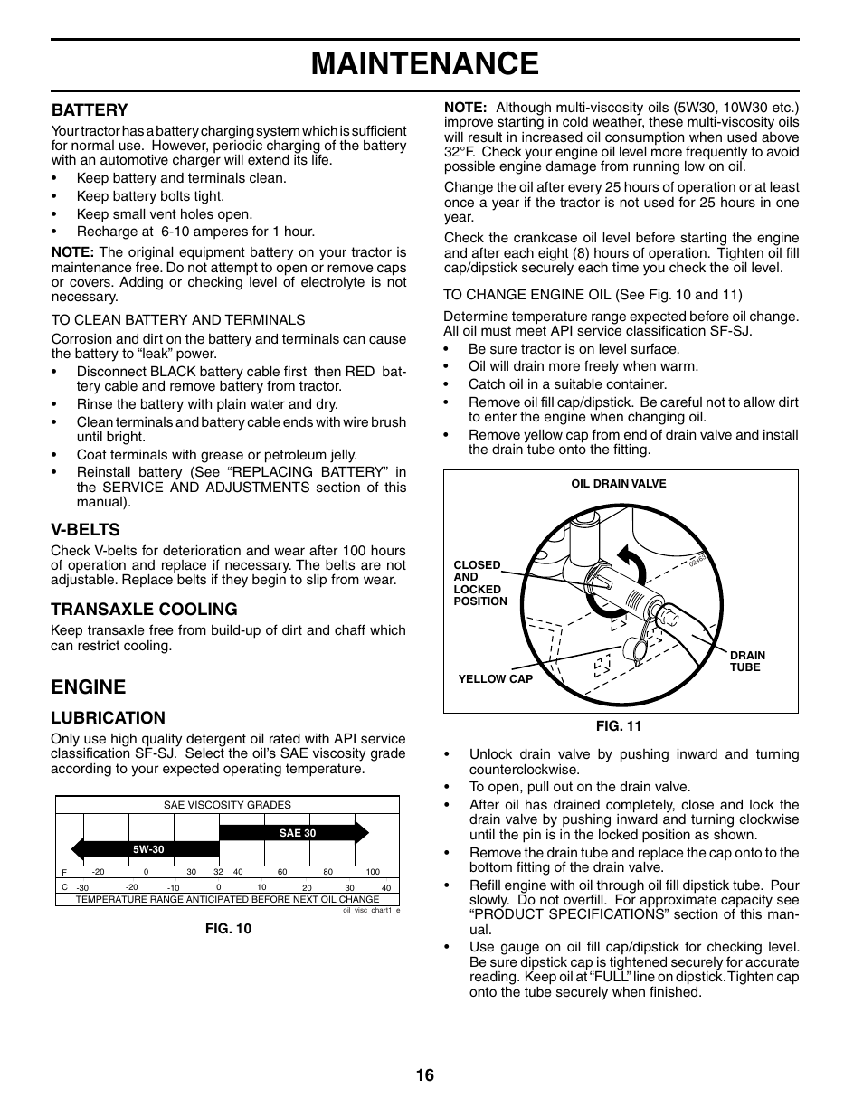 Maintenance, Engine, Lubrication | V-belts, Transaxle cooling, Battery | Poulan 190785 User Manual | Page 16 / 44