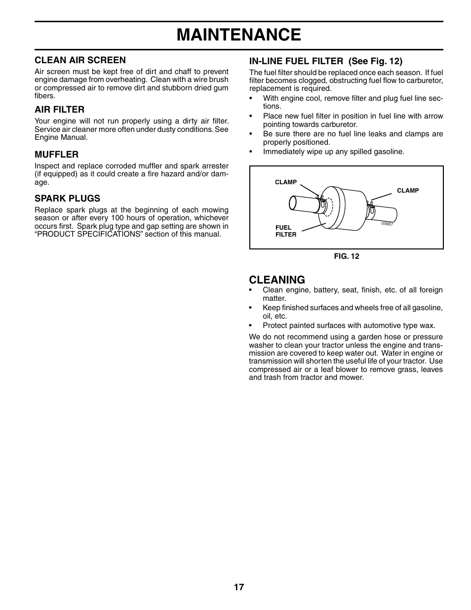 Maintenance, Cleaning | Poulan 190785 User Manual | Page 17 / 44