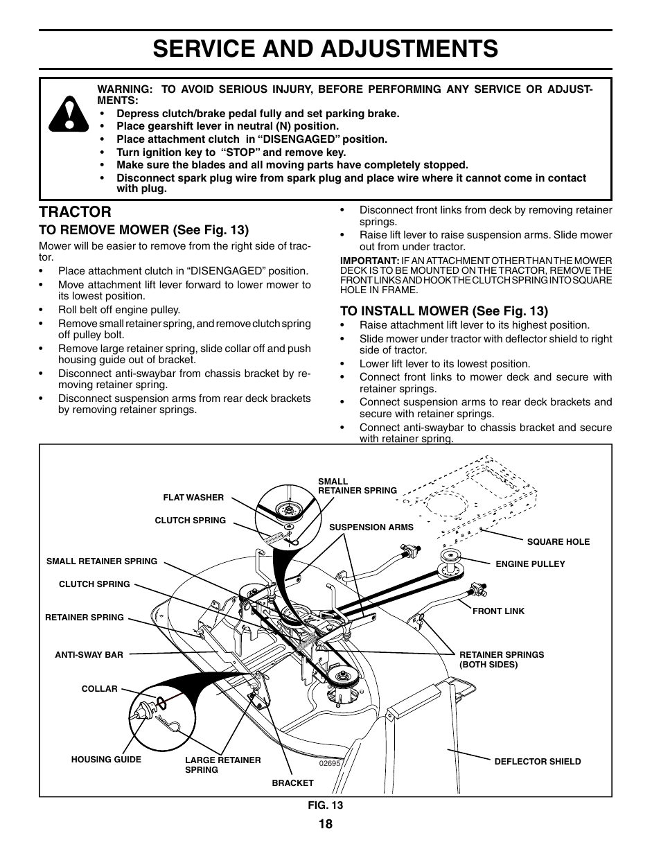 Service and adjustments, Tractor | Poulan 190785 User Manual | Page 18 / 44