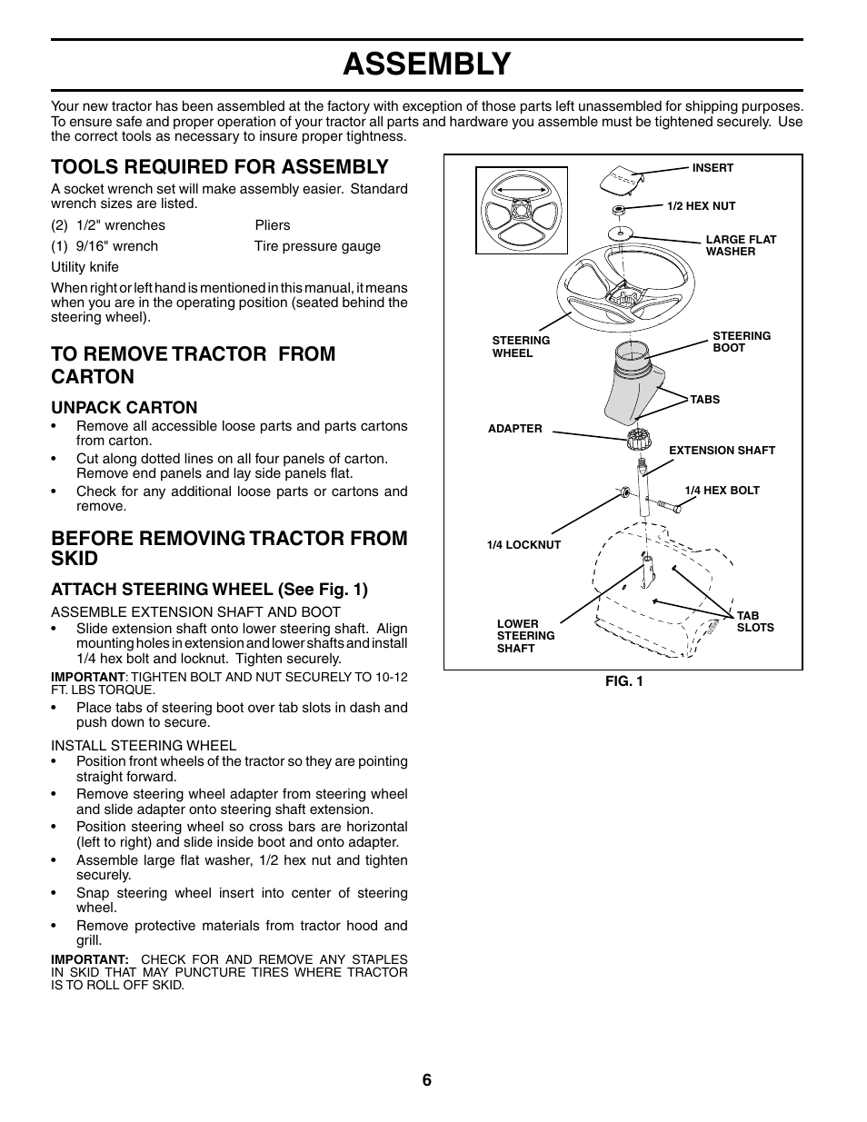 Assembly, Tools required for assembly, Before removing tractor from skid | Poulan 190785 User Manual | Page 6 / 44