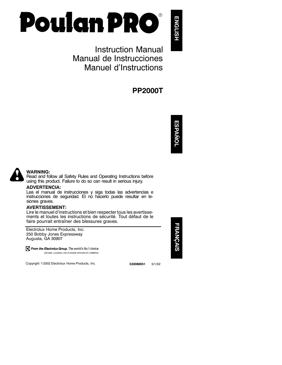 Poulan Pro PP2000T User Manual | 7 pages