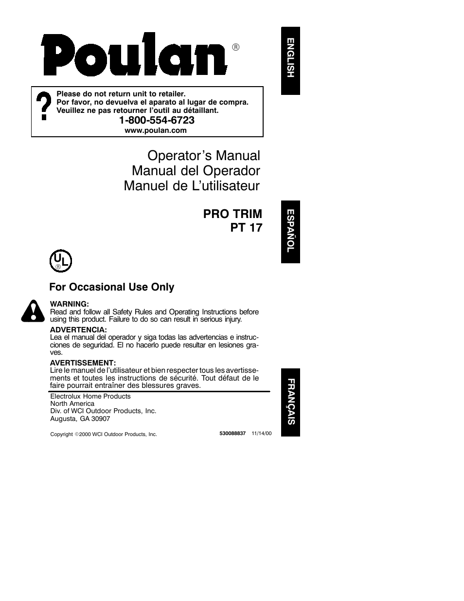 Poulan PRO TRIM PT 17 User Manual | 7 pages