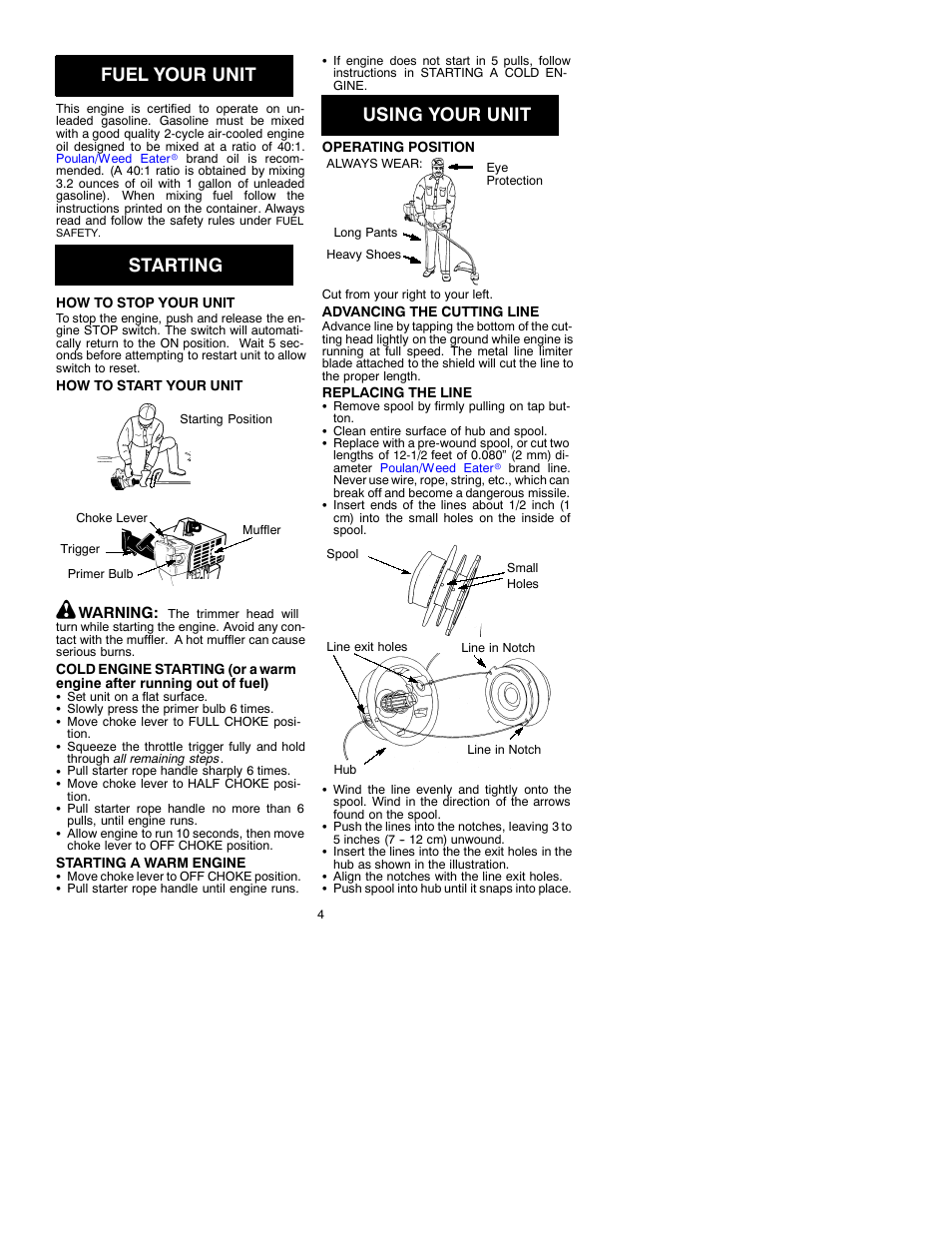 Fuel your unit, Starting, Using your unit | Poulan PRO TRIM PT 17 User Manual | Page 4 / 7