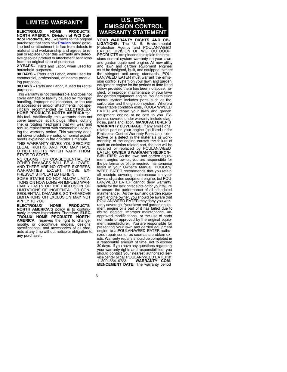 Limited warranty, U.s. epa emission control warranty statement | Poulan PRO TRIM PT 17 User Manual | Page 6 / 7