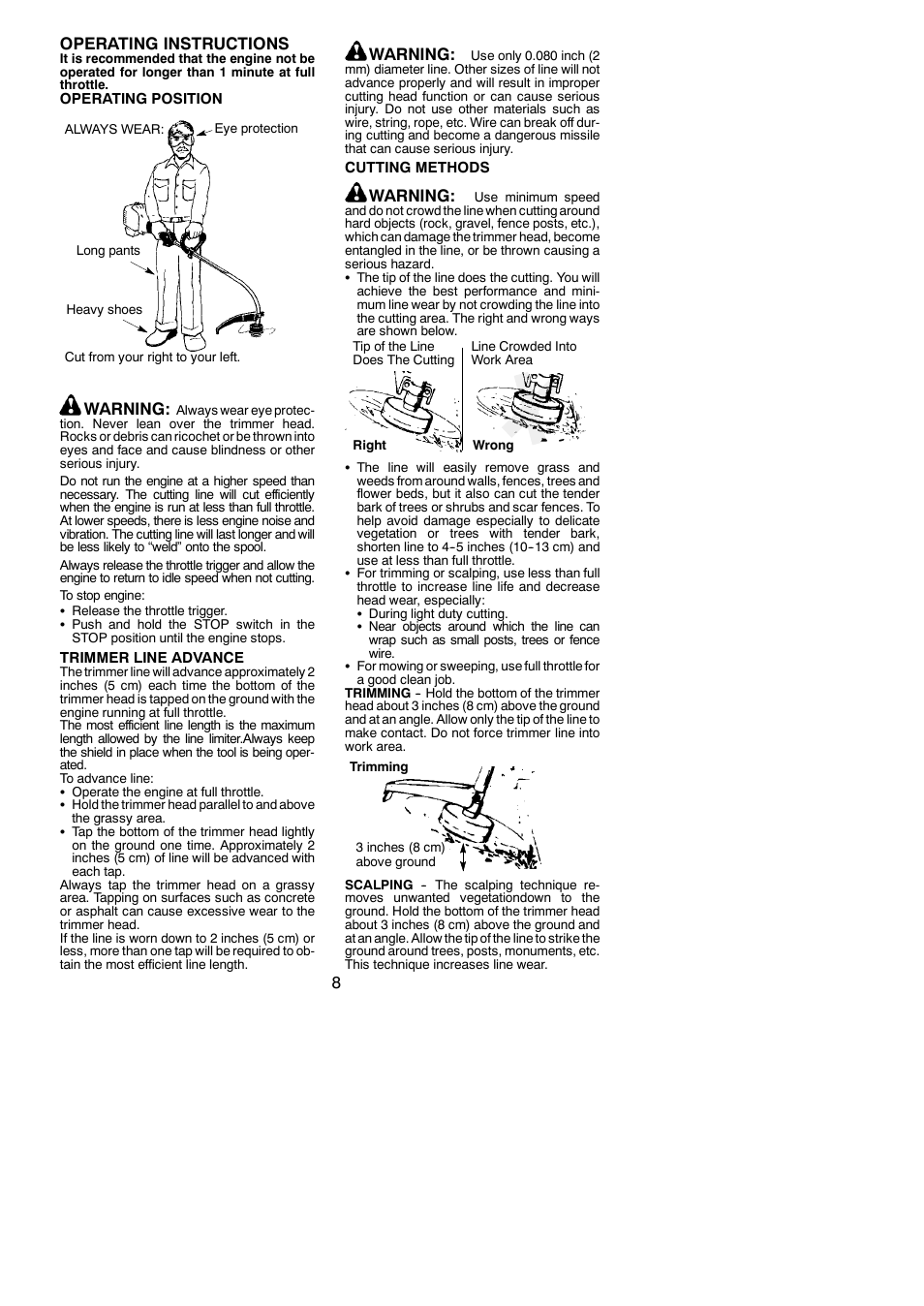 8operating instructions, Warning | Poulan 952711930 User Manual | Page 8 / 14