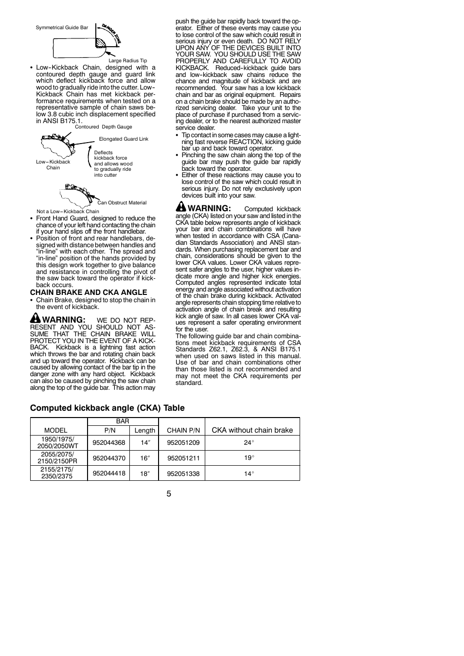 Warning, Computed kickback angle (cka) table | Poulan 530164603 User Manual | Page 5 / 18