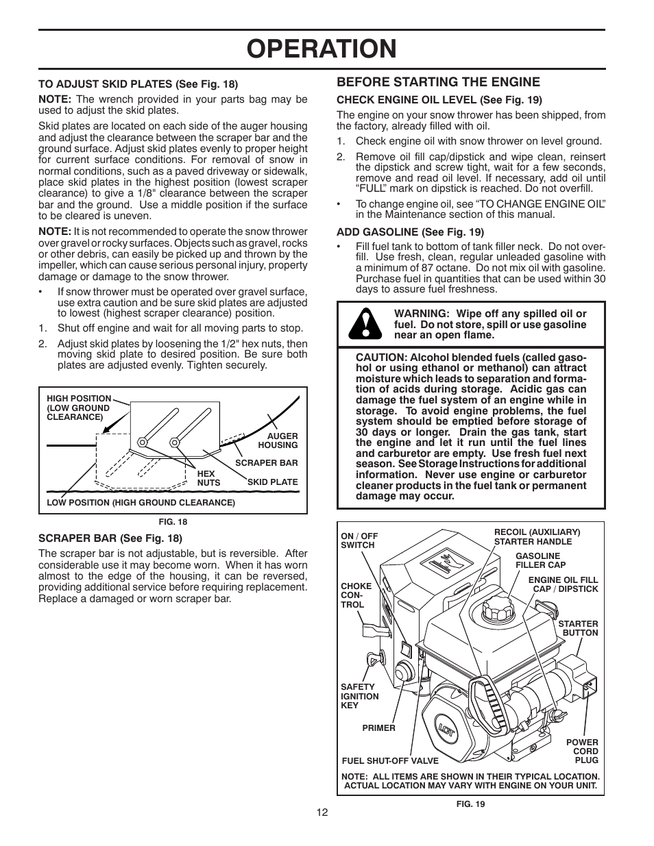 Operation, Before starting the engine | Poulan Pro PR1030ES SNOW THROWER User Manual | Page 12 / 40