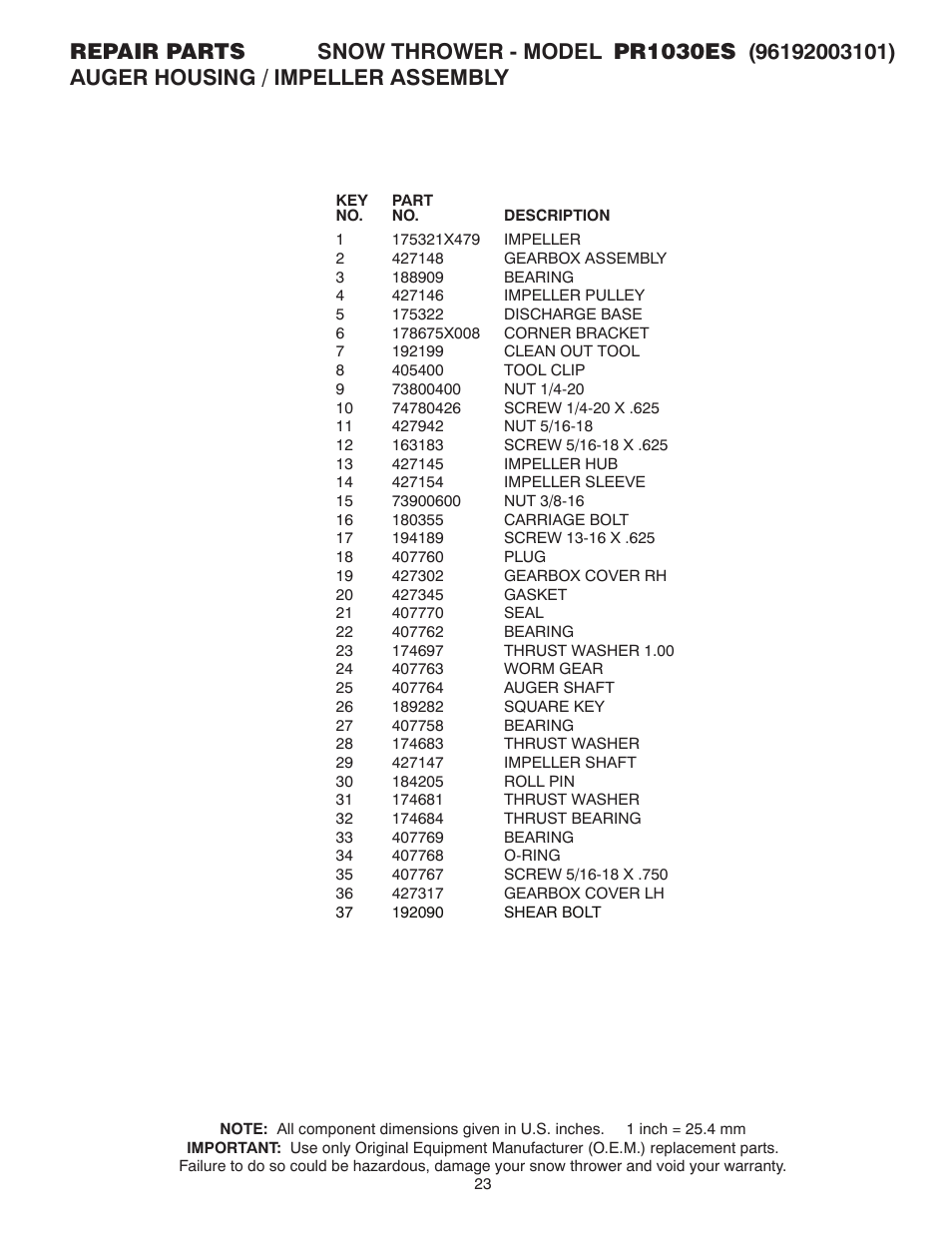 Poulan Pro PR1030ES SNOW THROWER User Manual | Page 23 / 40