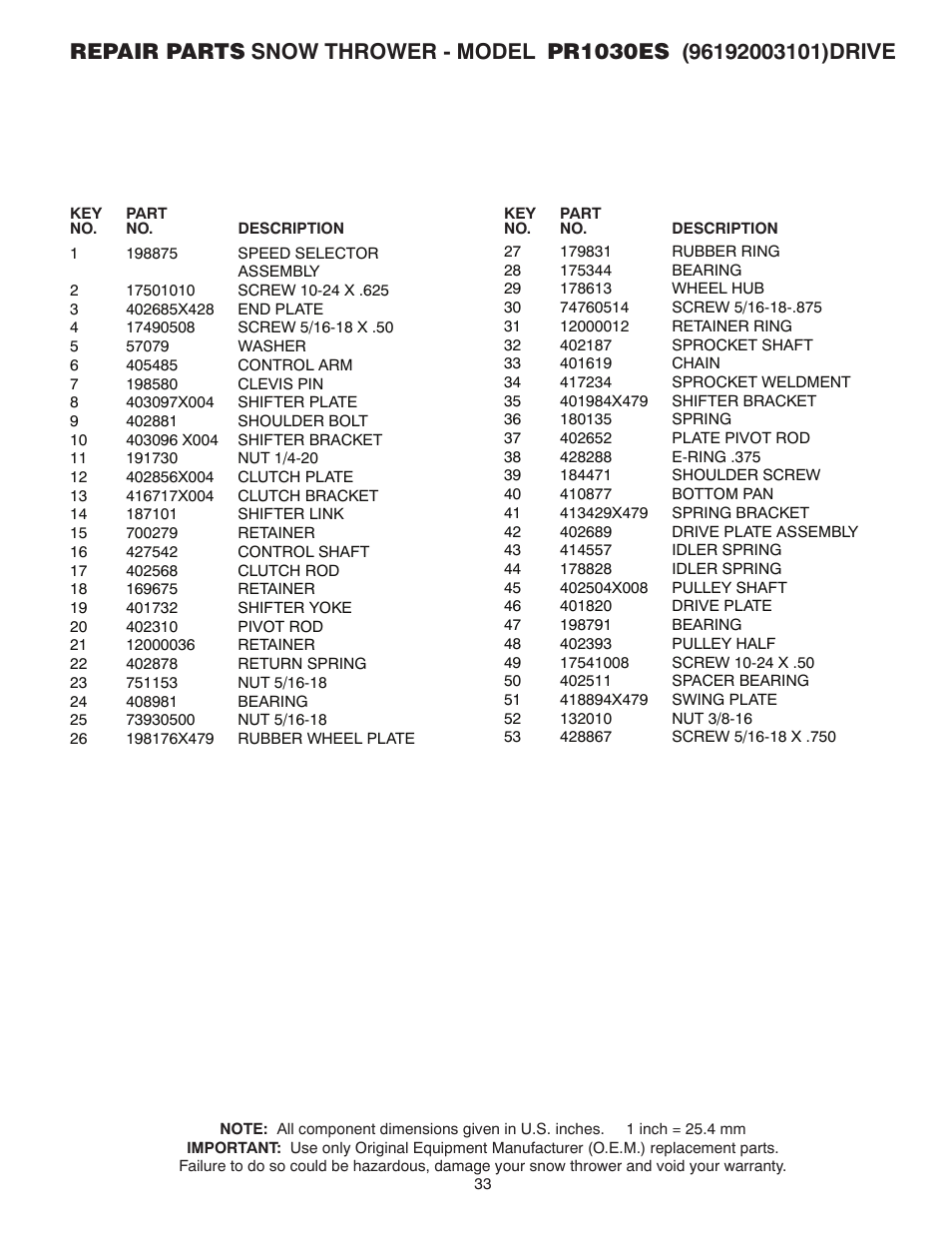 Poulan Pro PR1030ES SNOW THROWER User Manual | Page 33 / 40
