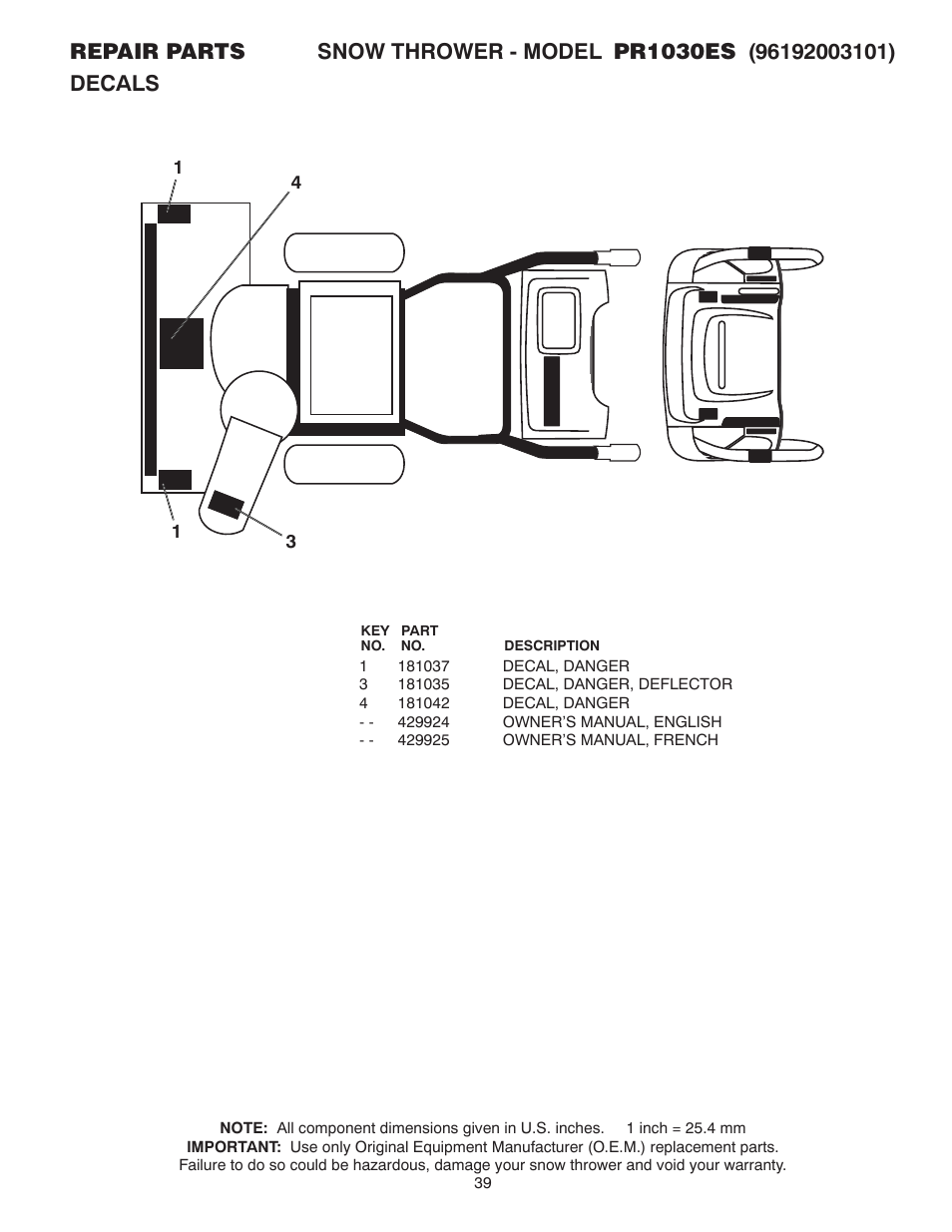 Poulan Pro PR1030ES SNOW THROWER User Manual | Page 39 / 40