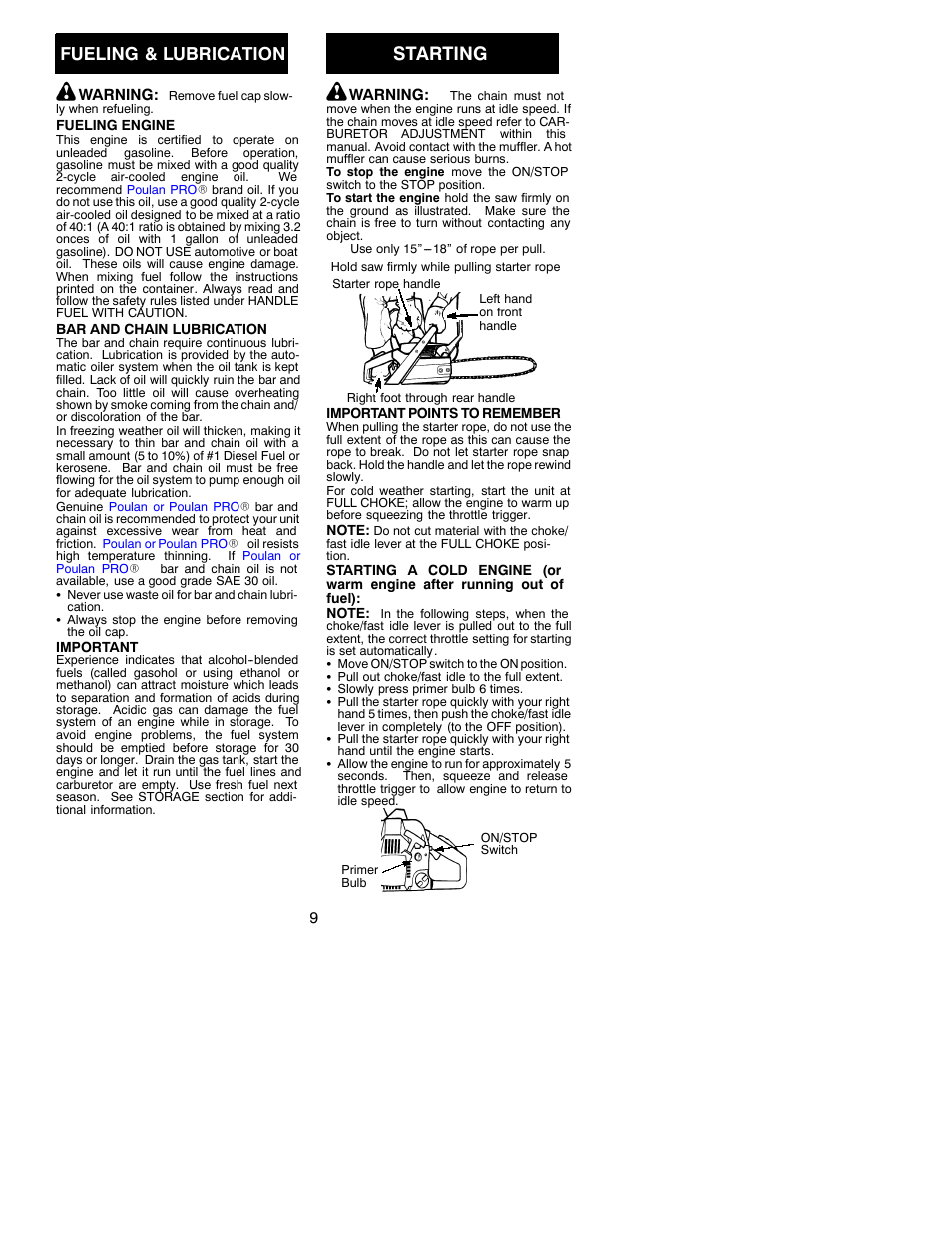 Starting, Fueling & lubrication | Poulan 221 User Manual | Page 9 / 17
