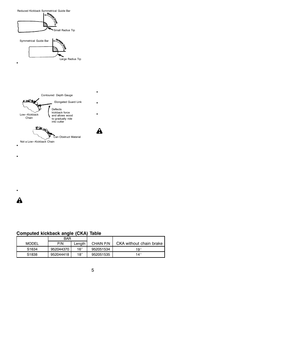 Warning, Computed kickback angle (cka) table | Poulan S1634 User Manual | Page 5 / 18