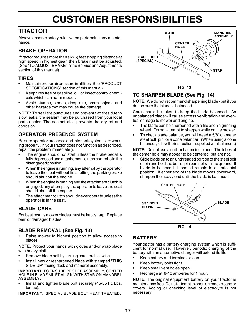 Customer responsibilities, Tractor | Poulan 177925 User Manual | Page 17 / 52