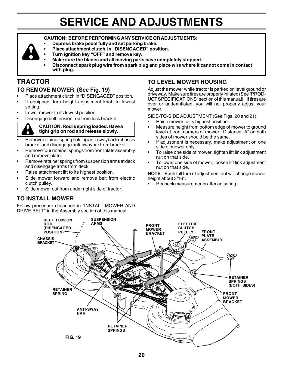 Service and adjustments, Tractor | Poulan 177925 User Manual | Page 20 / 52