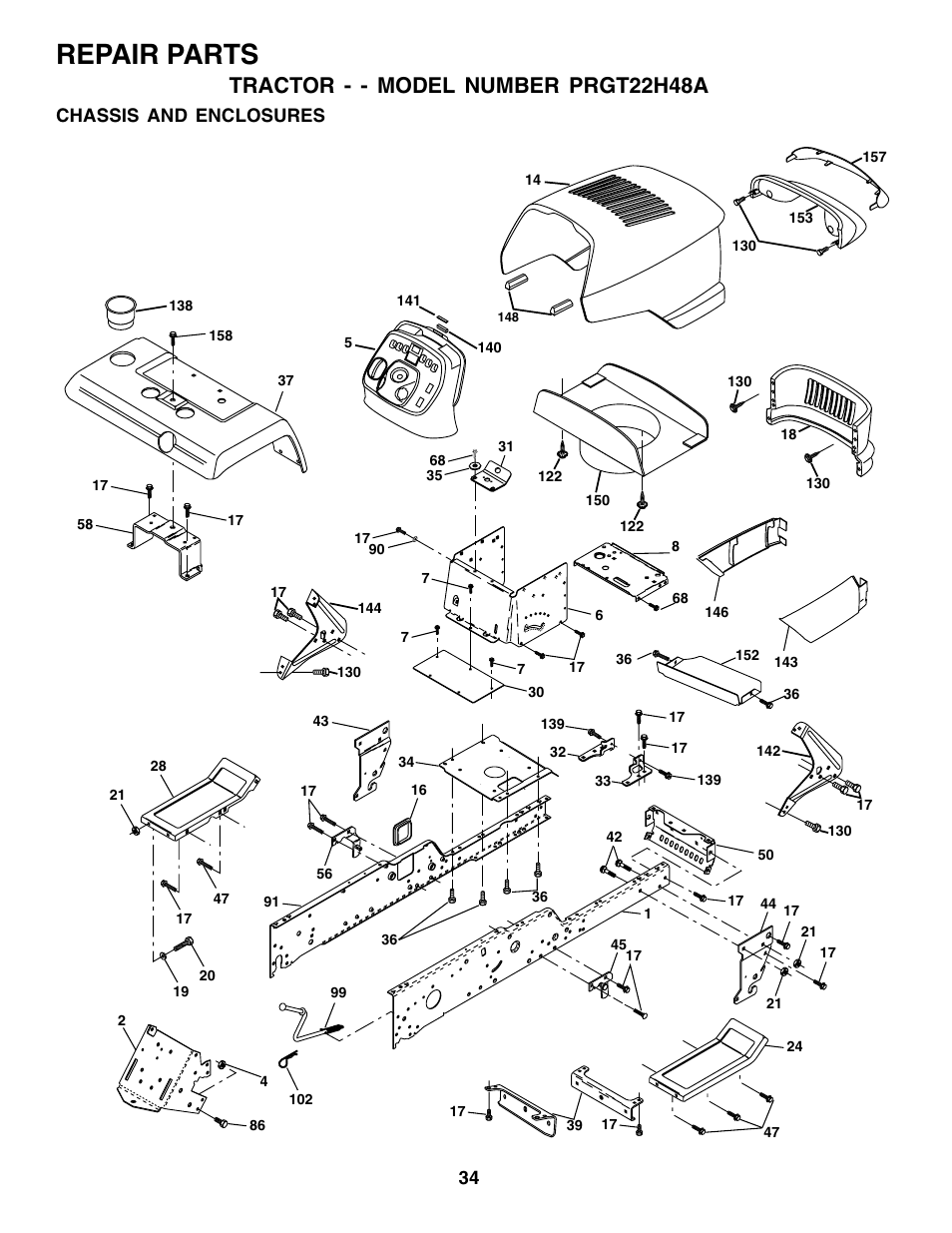 Repair parts, Tractor - - model number prgt22h48a, Chassis and enclosures | Poulan 177925 User Manual | Page 34 / 52