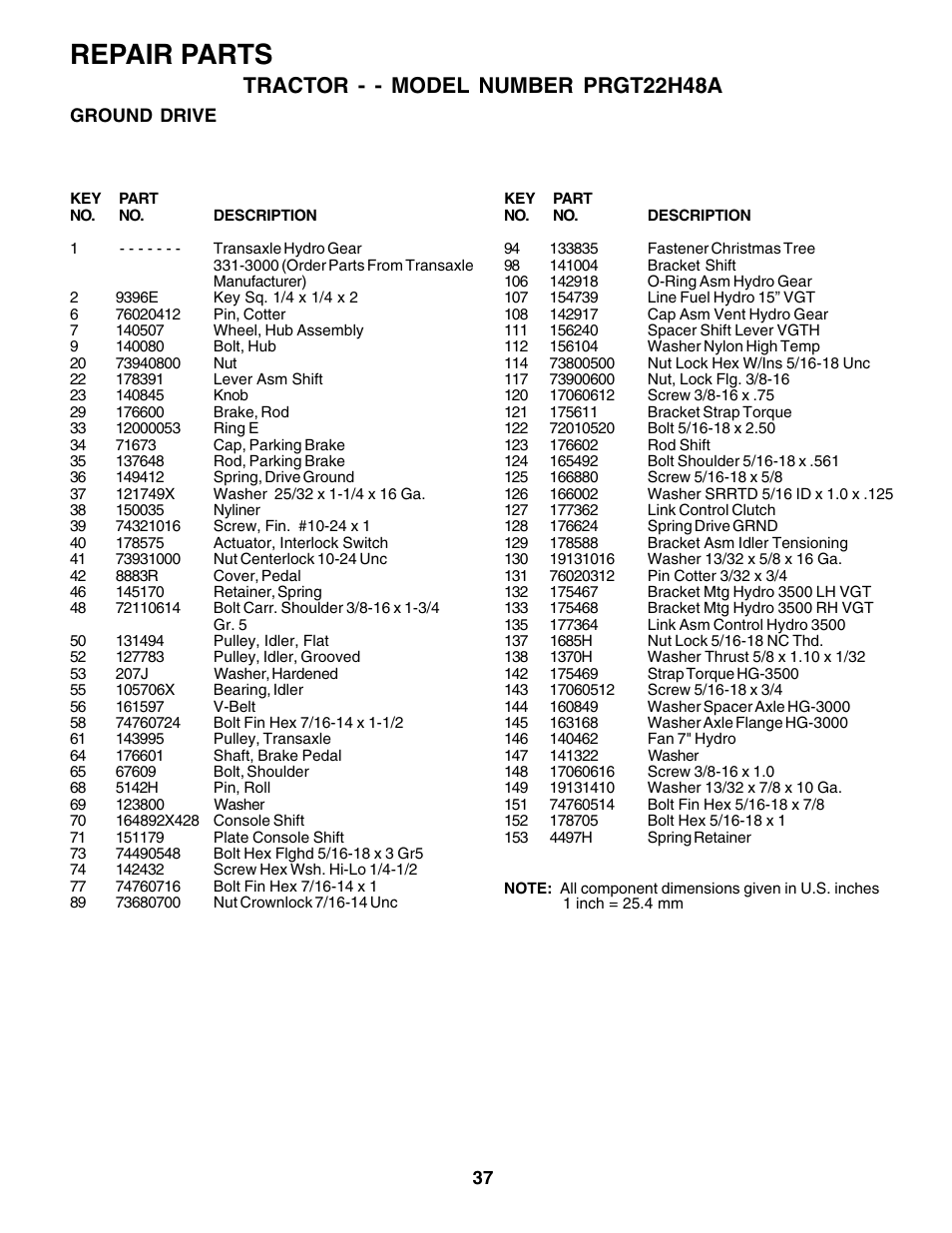 Repair parts, Tractor - - model number prgt22h48a | Poulan 177925 User Manual | Page 37 / 52