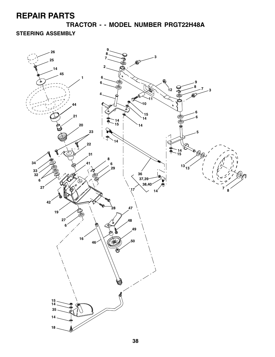 Repair parts, Tractor - - model number prgt22h48a, Steering assembly | Poulan 177925 User Manual | Page 38 / 52