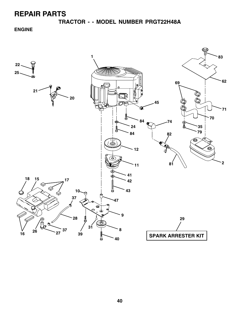 Repair parts, Tractor - - model number prgt22h48a | Poulan 177925 User Manual | Page 40 / 52